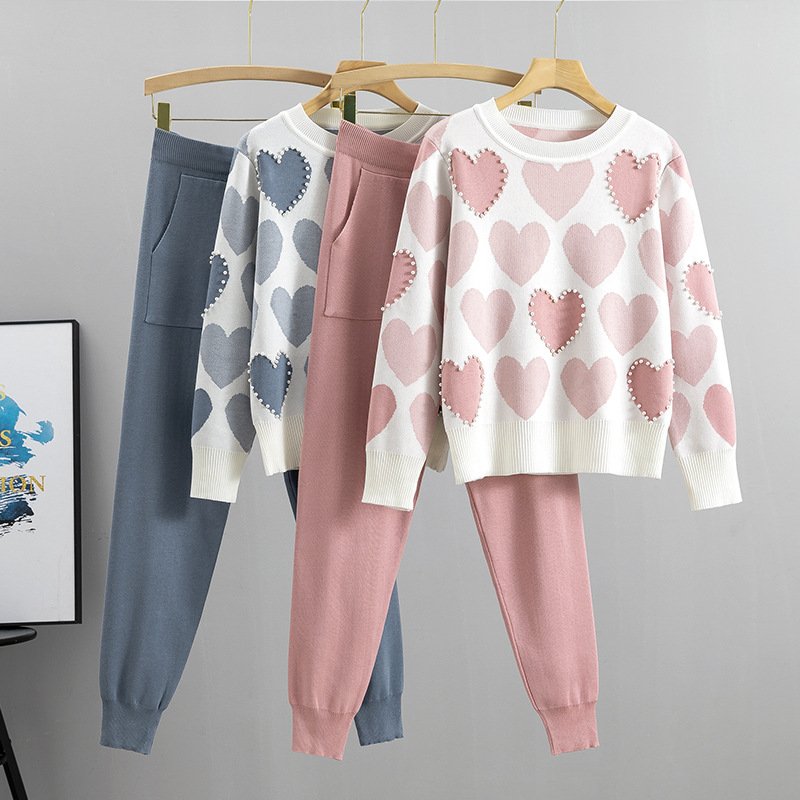 ATOPTEX Girl's Heart Bead Academy Style Sweater Pants Spring Autumn Casual Pants Two Piece Women's Set