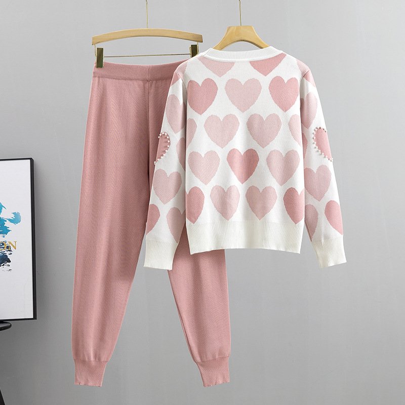 ATOPTEX Girl's Heart Bead Academy Style Sweater Pants Spring Autumn Casual Pants Two Piece Women's Set