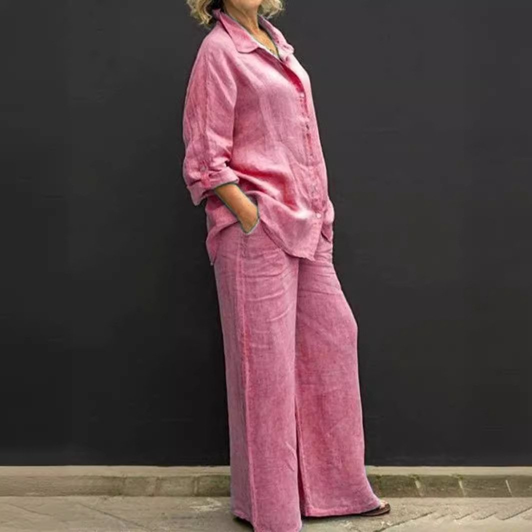 New Women's Shirt Set 2024 Casual Urban Suit Solid Color Long Sleeve cotton and linednTwo-Piece Women's Suit
