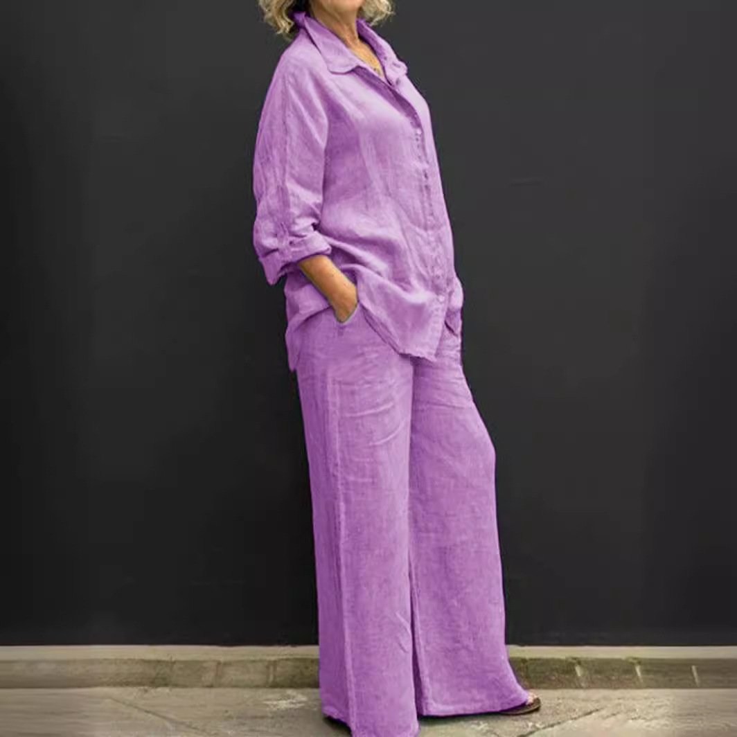 New Women's Shirt Set 2024 Casual Urban Suit Solid Color Long Sleeve cotton and linednTwo-Piece Women's Suit