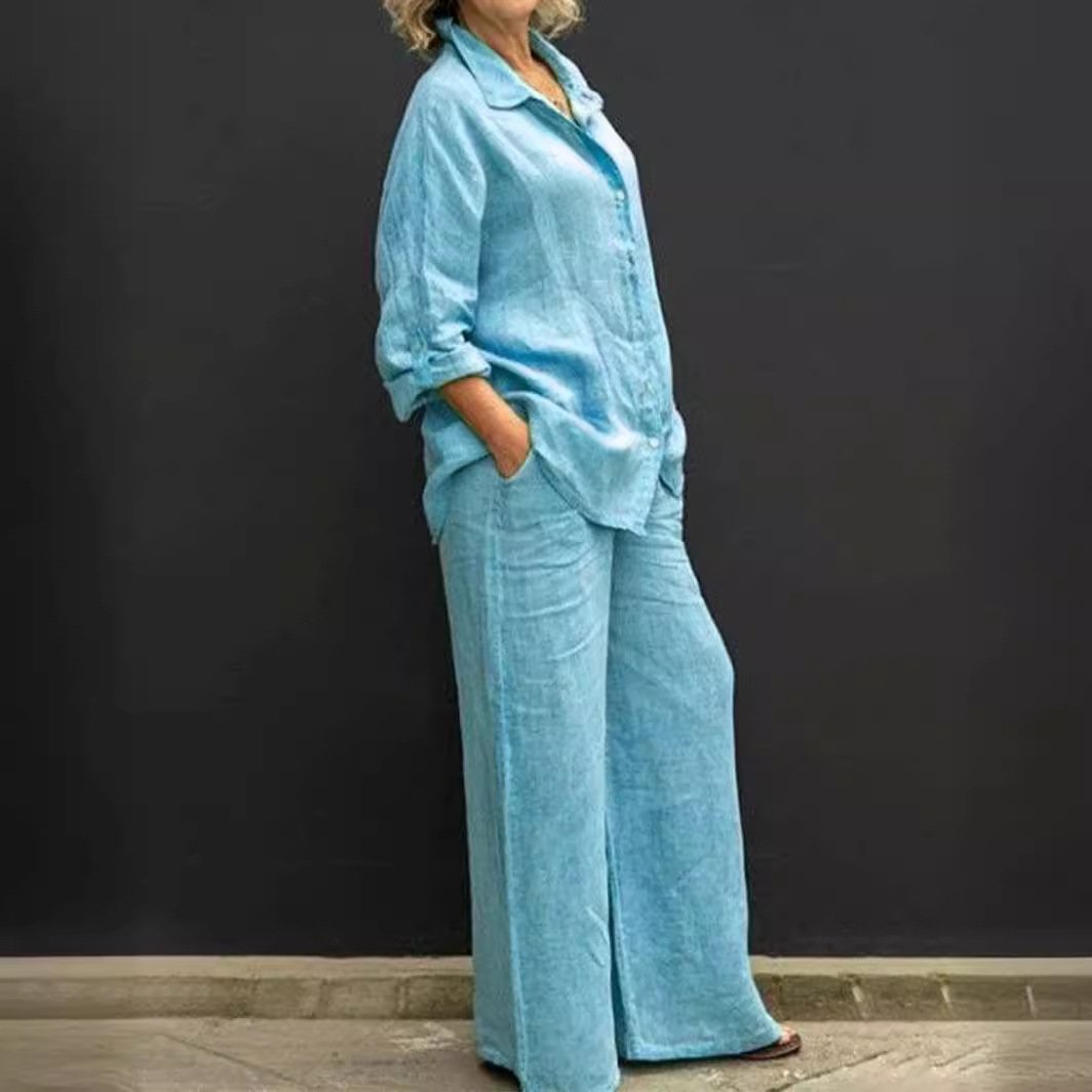 New Women's Shirt Set 2024 Casual Urban Suit Solid Color Long Sleeve cotton and linednTwo-Piece Women's Suit