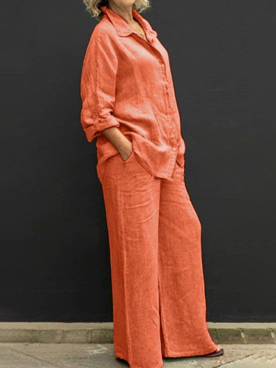 New Women's Shirt Set 2024 Casual Urban Suit Solid Color Long Sleeve cotton and linednTwo-Piece Women's Suit
