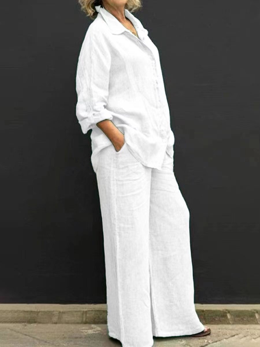 New Women's Shirt Set 2024 Casual Urban Suit Solid Color Long Sleeve cotton and linednTwo-Piece Women's Suit