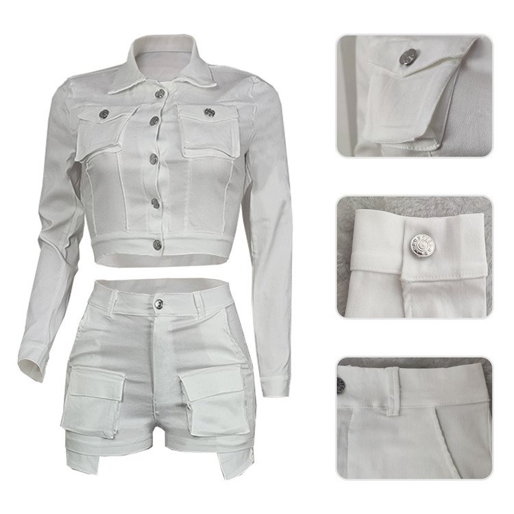Autumn New Cargo Pants Sets Fashion Two Piece Set Women Long Sleeve Single Breasted Crop Top + Pockets Shorts Outfits