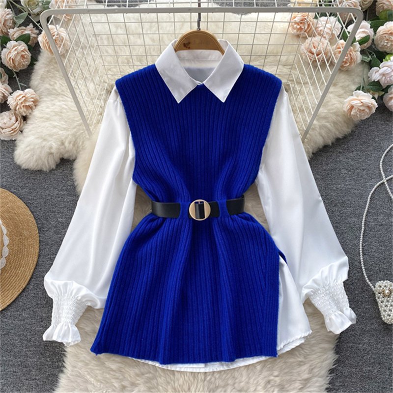 Shirt set women's loose fitting long sleeved white shirt top+split knit vest vest two-piece set