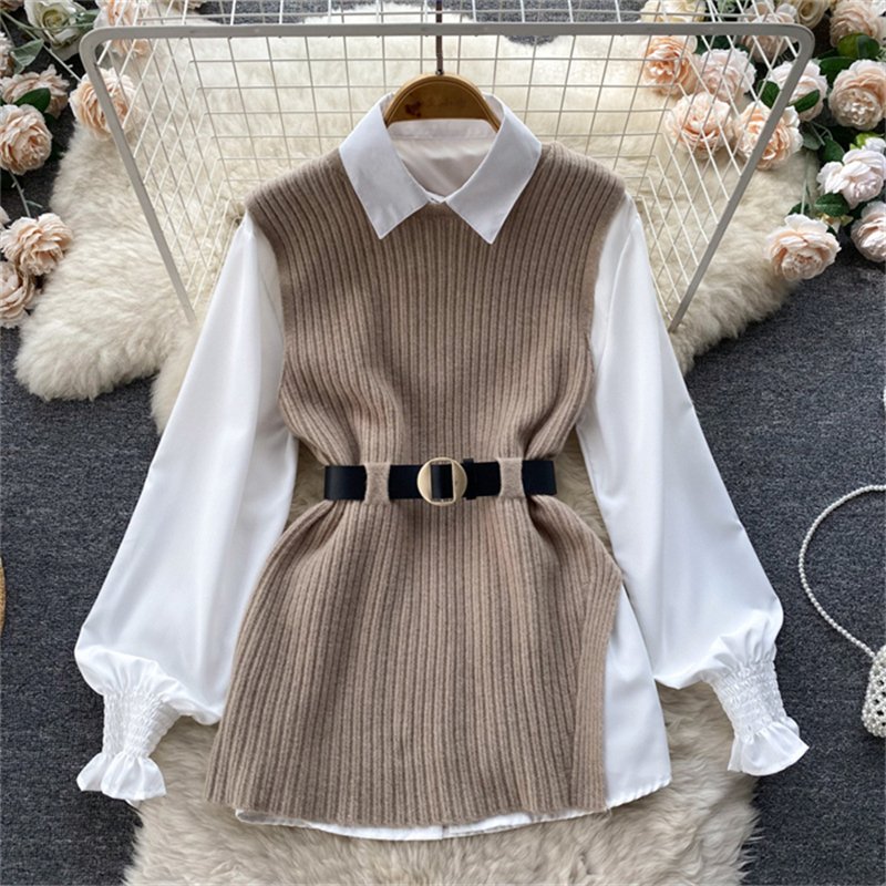 Shirt set women's loose fitting long sleeved white shirt top+split knit vest vest two-piece set