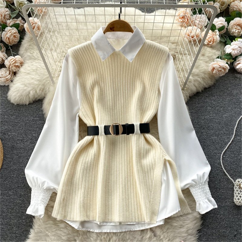 Shirt set women's loose fitting long sleeved white shirt top+split knit vest vest two-piece set