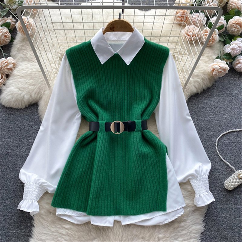 Shirt set women's loose fitting long sleeved white shirt top+split knit vest vest two-piece set