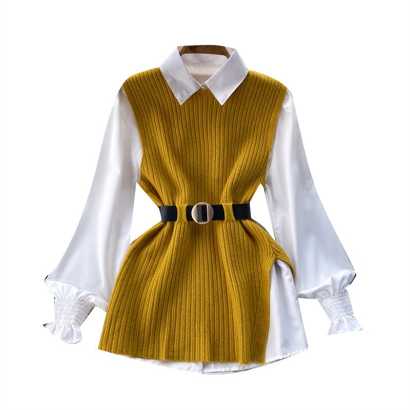 Shirt set women's loose fitting long sleeved white shirt top+split knit vest vest two-piece set