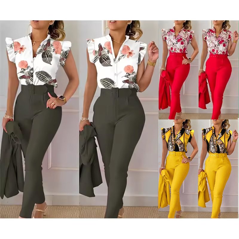 Women Summer 2 Piece Set Floral Sleeveless Shirt Top Ruffle Sleeve Long Trousers with Belt Casual Long Pants Casual Suits