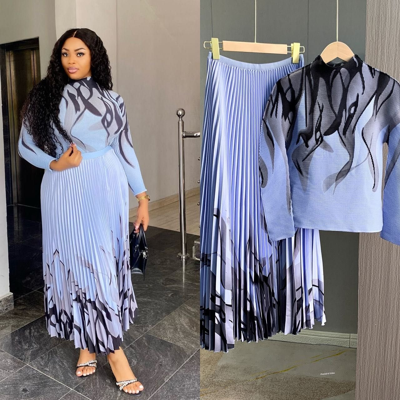 Latest Sheen Floral Print Two Piece Women's Casual Set Free Size Spandex Miyake Pleated Tshirt Top Long Skirt Raglan Sleeves