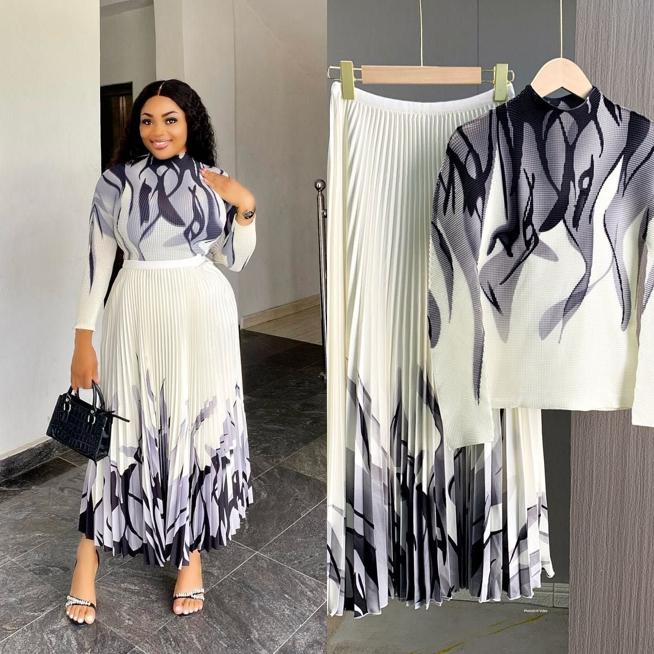 Latest Sheen Floral Print Two Piece Women's Casual Set Free Size Spandex Miyake Pleated Tshirt Top Long Skirt Raglan Sleeves