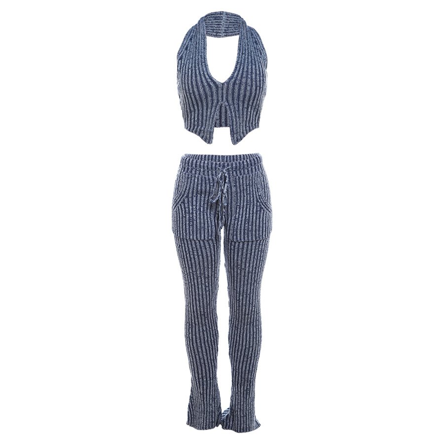 Kliou W23S36685 two pieces pants sets knit halter tops+pants with pockets 2 piece set women women's set
