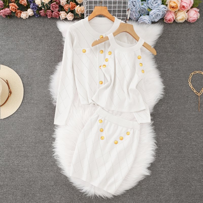 Women's Long-Sleeved Single Breasted Cardigan Set High Waist Hip Skirt with Stand Collar 3 Piece Outfits for Autumn