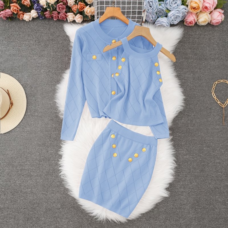 Women's Long-Sleeved Single Breasted Cardigan Set High Waist Hip Skirt with Stand Collar 3 Piece Outfits for Autumn