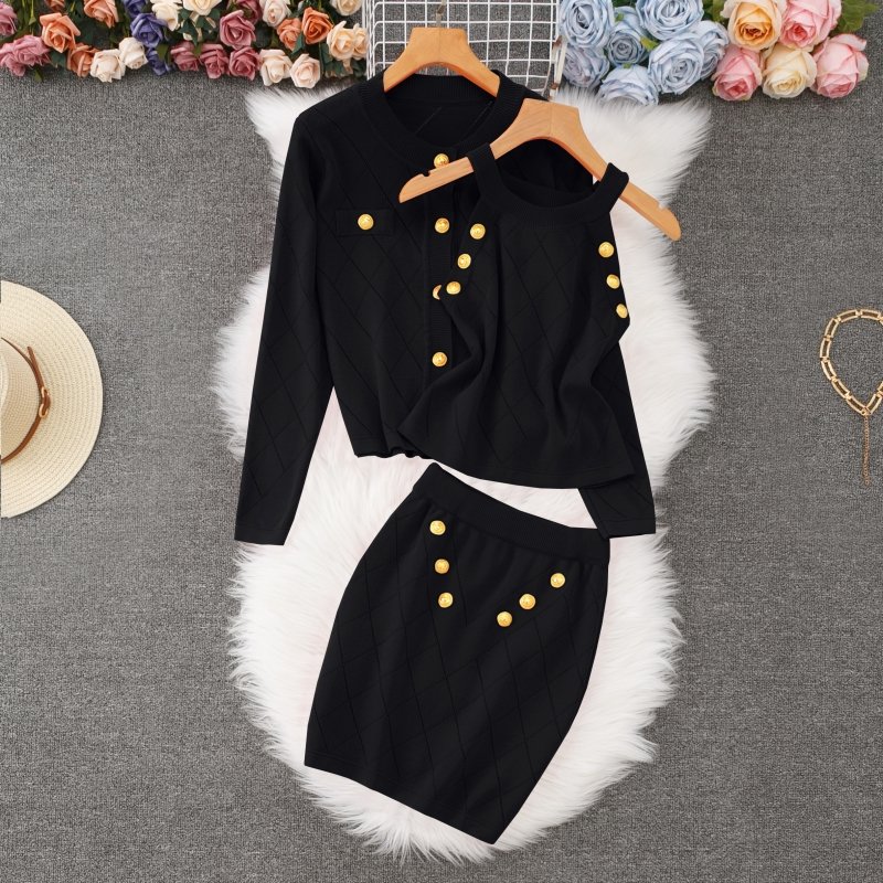 Women's Long-Sleeved Single Breasted Cardigan Set High Waist Hip Skirt with Stand Collar 3 Piece Outfits for Autumn
