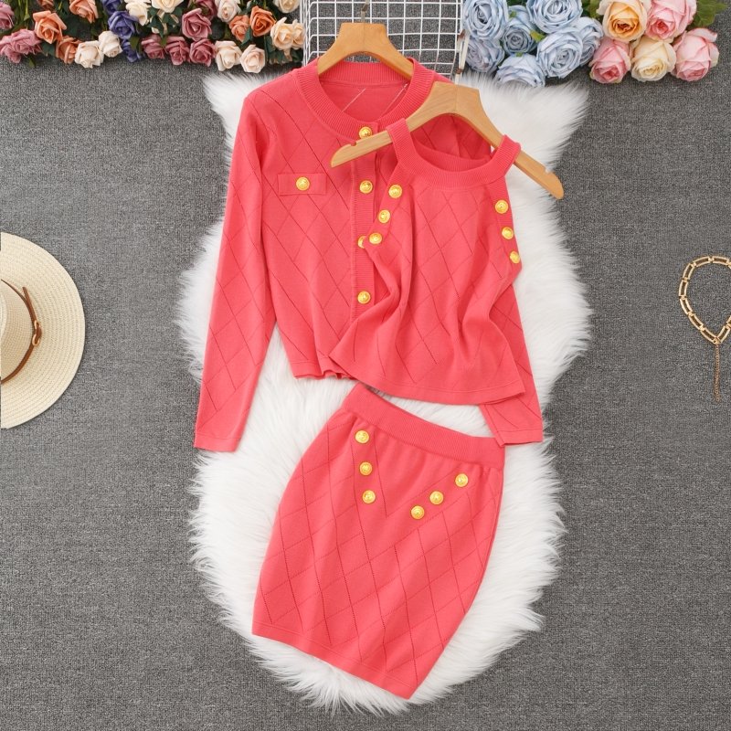 Women's Long-Sleeved Single Breasted Cardigan Set High Waist Hip Skirt with Stand Collar 3 Piece Outfits for Autumn