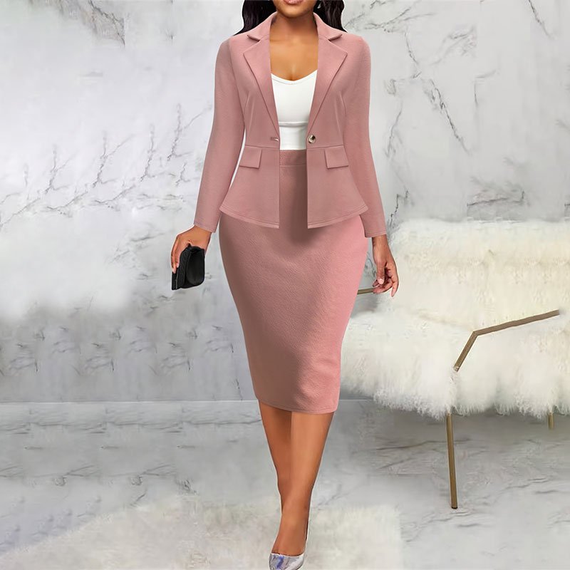 Women's 2 pcs sets conjuntos de mujer elegantes solid color lapel single-breasted blazer and pencil skirt suit