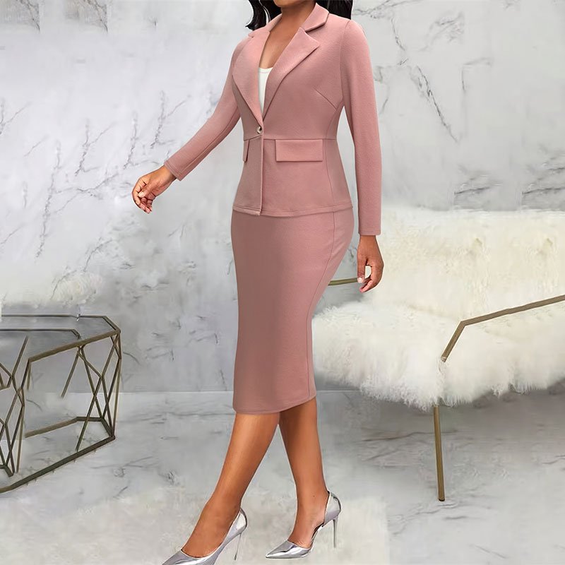 Women's 2 pcs sets conjuntos de mujer elegantes solid color lapel single-breasted blazer and pencil skirt suit