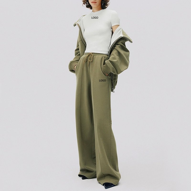 F240098 Custom Women Two Piece Outfits Clothing Set Lady Fashionable Fleece Zip Up Hoodie Oversize Loose Wide Leg Sweatpants Set