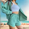 Hot Sales Custom Summer Women's Crepe Long Sleeve Shirt Shorts Waterproof Two Piece Casual Suit Wholesale Lady's Knitted Pattern