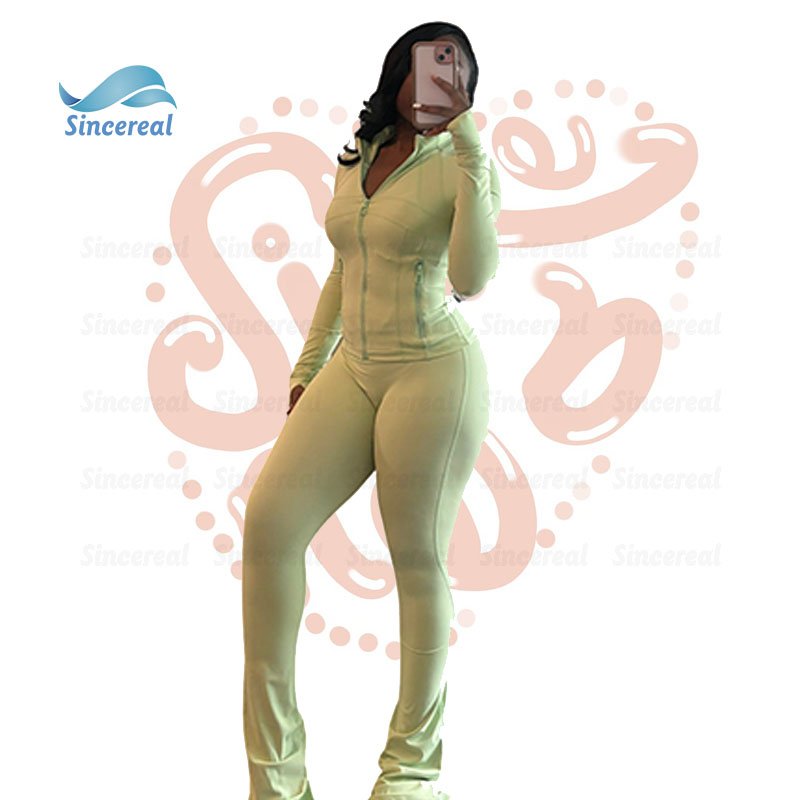 Custom logo casual Women outfits Workout slim Fitness Jogger Leggings Yoga Jacket and flare pant Women Tracksuit 2 piece Set