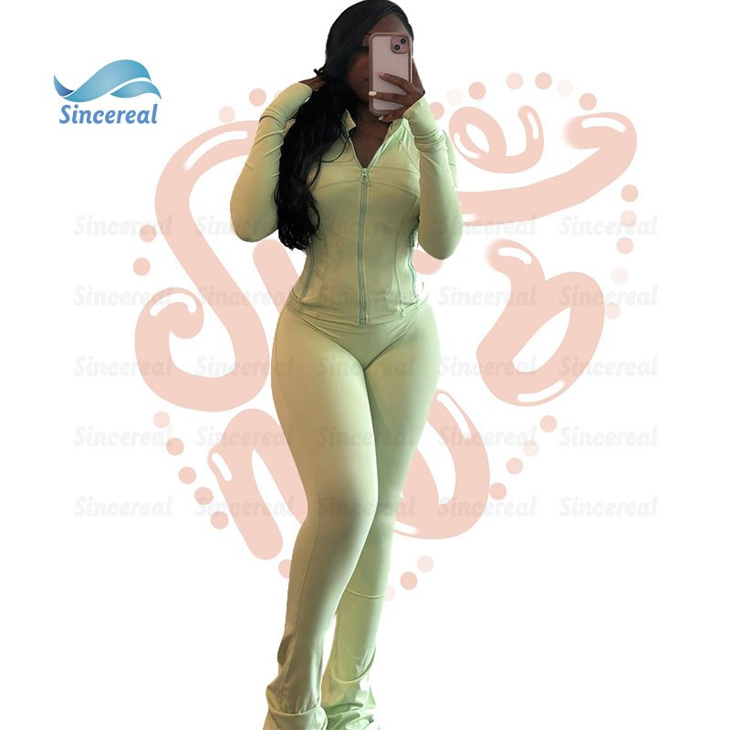 Custom logo casual Women outfits Workout slim Fitness Jogger Leggings Yoga Jacket and flare pant Women Tracksuit 2 piece Set