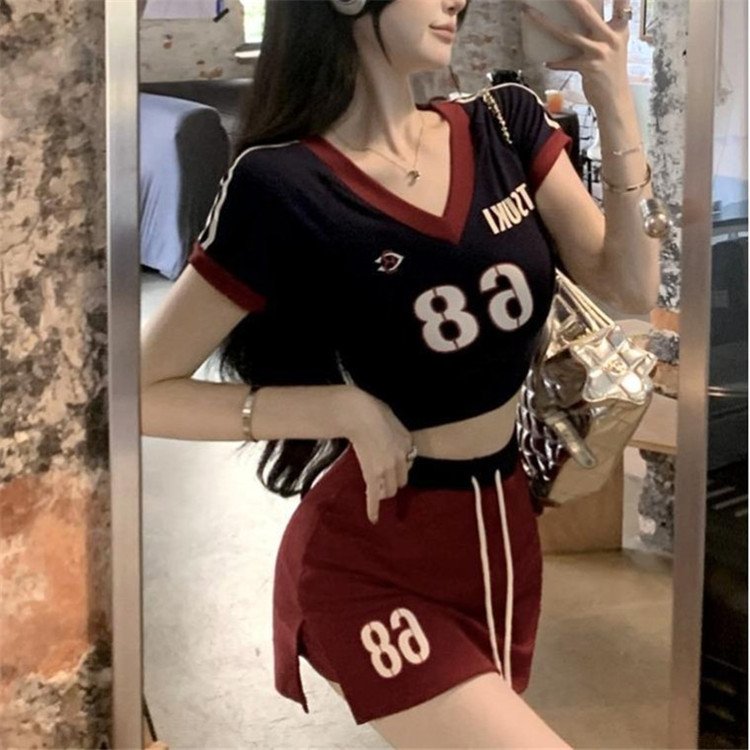 Women 2 Piece Set Summer Street Fashion Sports Short Sleeve V-neck T-shirts+Short Skirts Female Matching Outfits