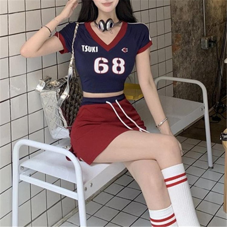 Women 2 Piece Set Summer Street Fashion Sports Short Sleeve V-neck T-shirts+Short Skirts Female Matching Outfits