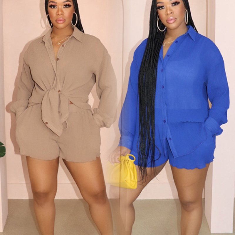 women clothes ladies casual solid color loose fit plus size lapel shirt crop top wide leg shorts casual two piece women's sets