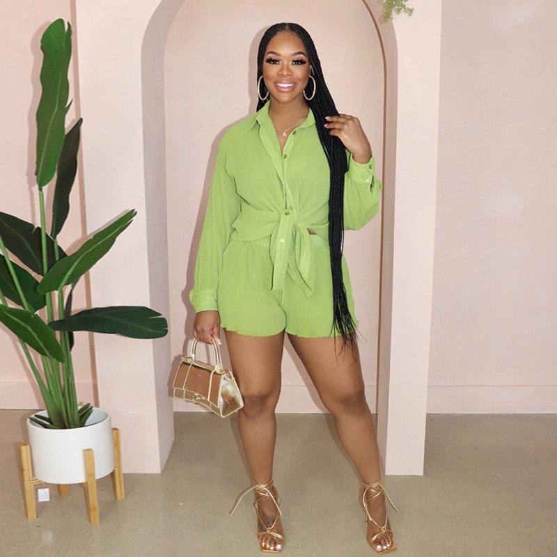 women clothes ladies casual solid color loose fit plus size lapel shirt crop top wide leg shorts casual two piece women's sets