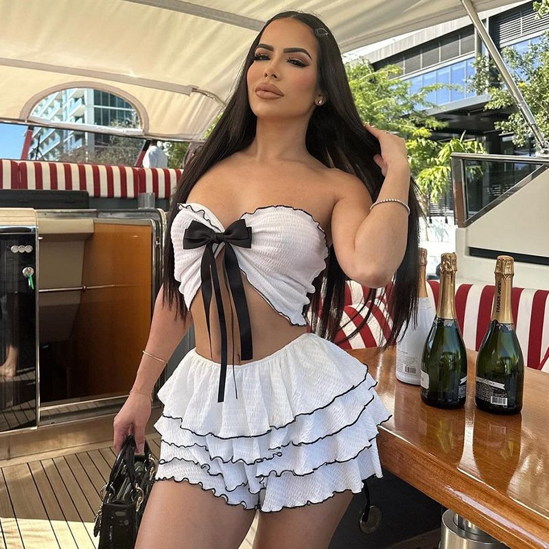 Peeqi D24ST229 new summer butterfly bow strapless tube tank top and tiered mini skirt 2 piece set casual sexy women's set