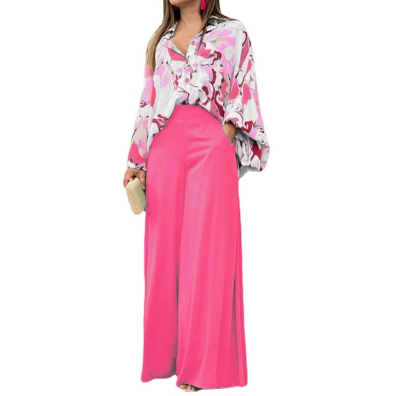 Women's Fashion Casual Two-Piece Set Large Size XL Printed Shirt Top Wide Leg Woven Long Casual Clothing