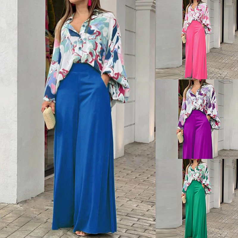 Women's Fashion Casual Two-Piece Set Large Size XL Printed Shirt Top Wide Leg Woven Long Casual Clothing