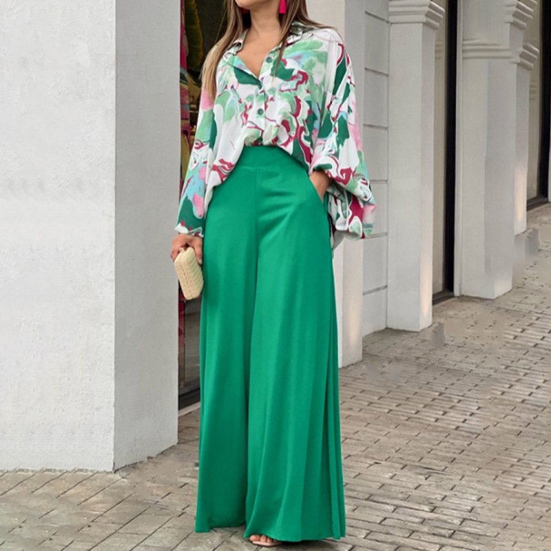 Women's Fashion Casual Two-Piece Set Large Size XL Printed Shirt Top Wide Leg Woven Long Casual Clothing