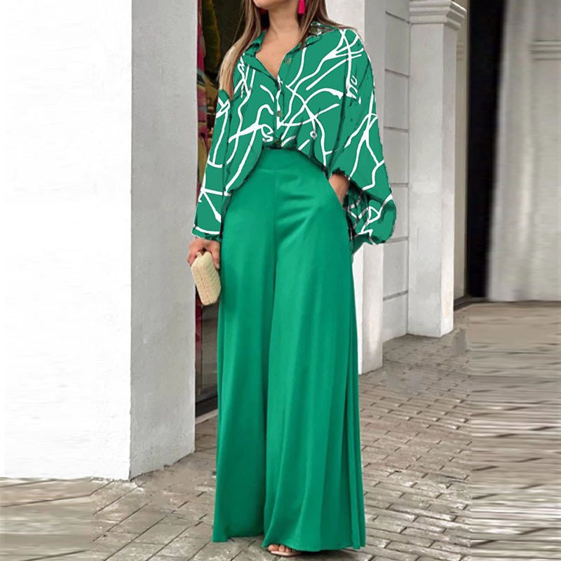 Women's Fashion Casual Two-Piece Set Large Size XL Printed Shirt Top Wide Leg Woven Long Casual Clothing