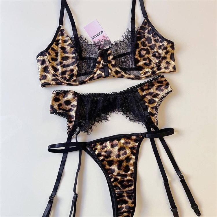 2024 hot selling new women's sexy wild leopard pattern steel ring lace bra three piece set