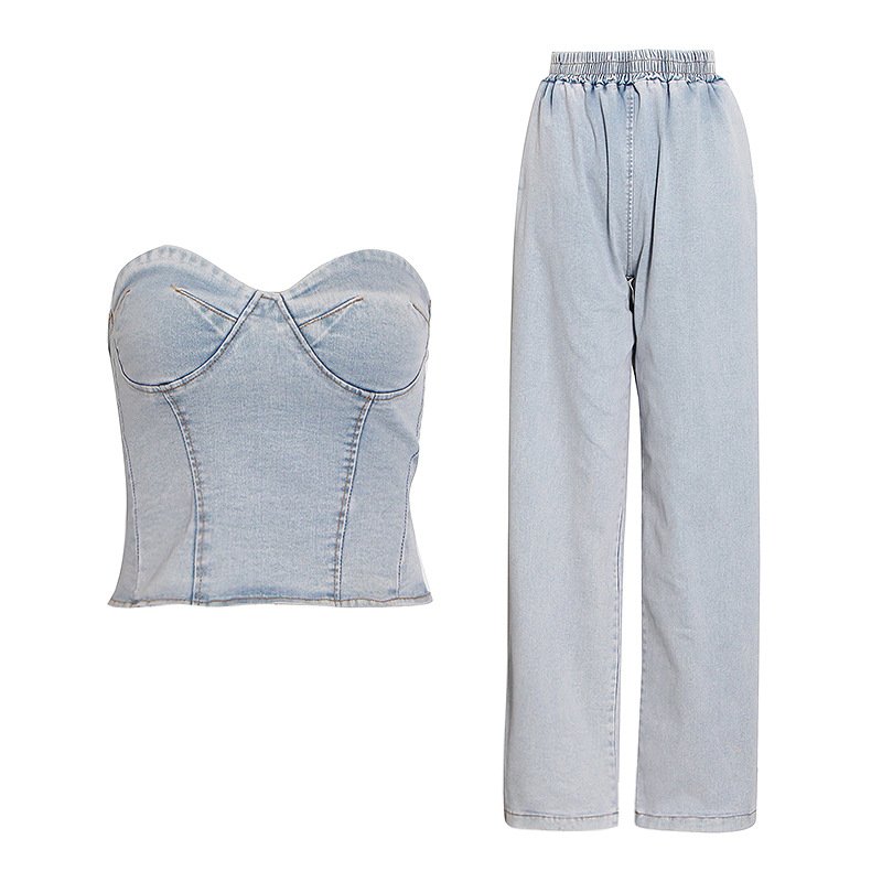 Newest Casual Fashion Summer Spring Lady Streetwear Denim Jeans Matching Sets Crop Tank Top Two Piece Pants Set Women's Sets