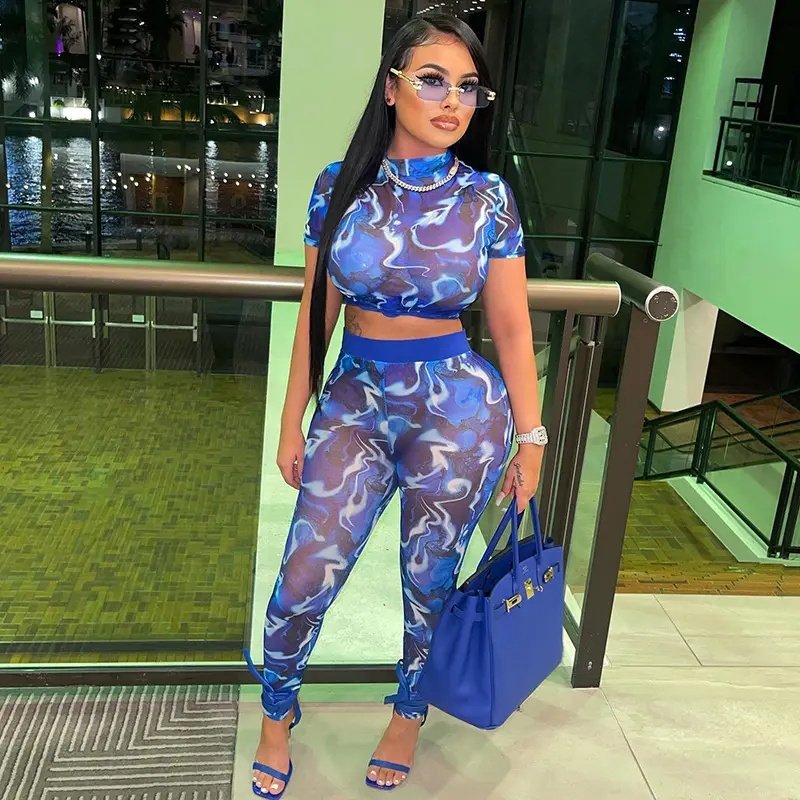 2023 New round stand collar T T-shirt clothing sexy cutout see-through women's sets trousers two piece suit set women
