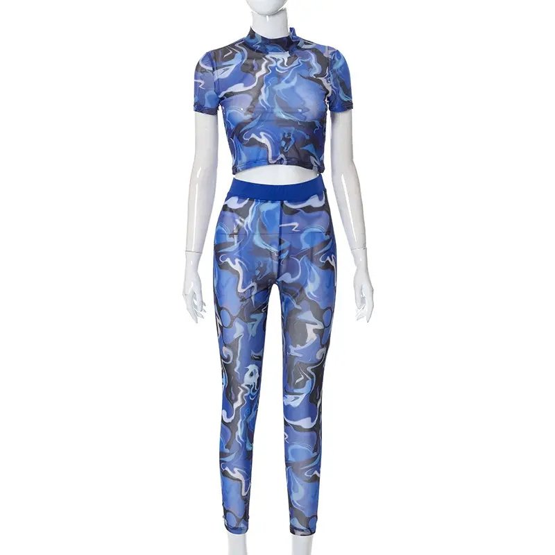 2023 New round stand collar T T-shirt clothing sexy cutout see-through women's sets trousers two piece suit set women