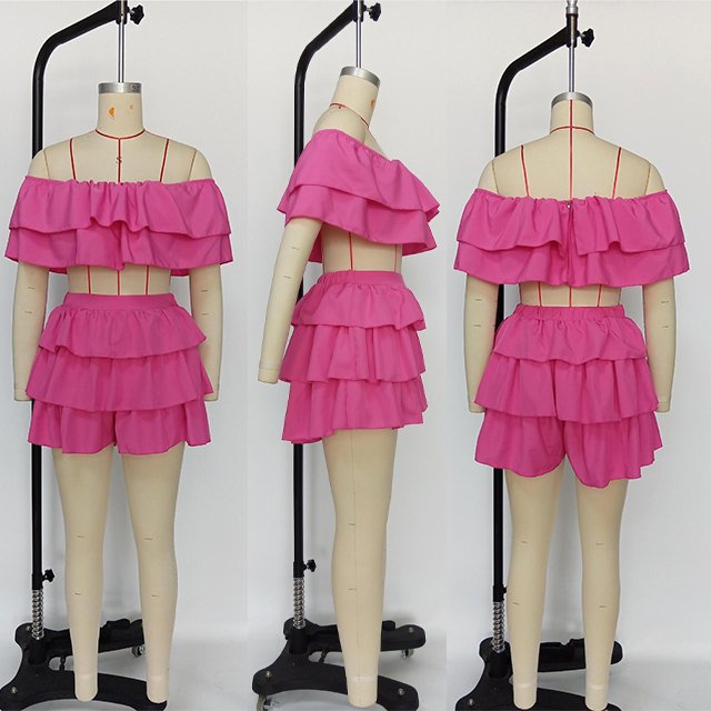 GX464 Summer Fashion Women Off Shoulder Ruffle Crop Top and Shorts Matching Street Wear Causal Women's Clothing 2 Piece Set