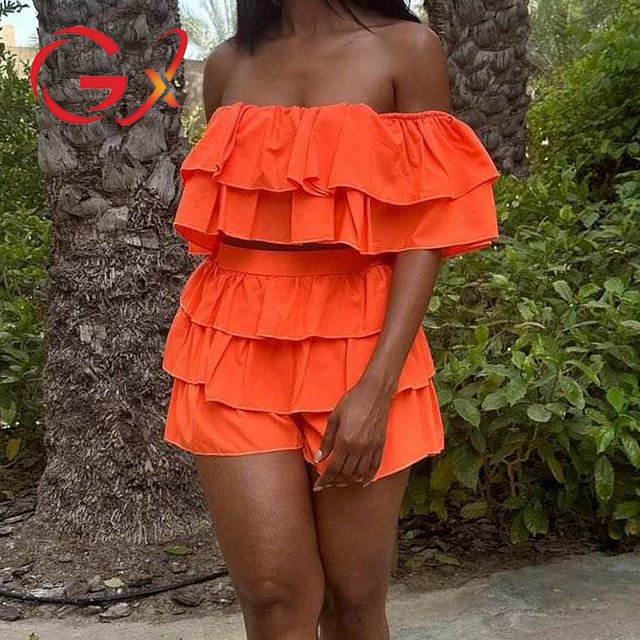 GX464 Summer Fashion Women Off Shoulder Ruffle Crop Top and Shorts Matching Street Wear Causal Women's Clothing 2 Piece Set