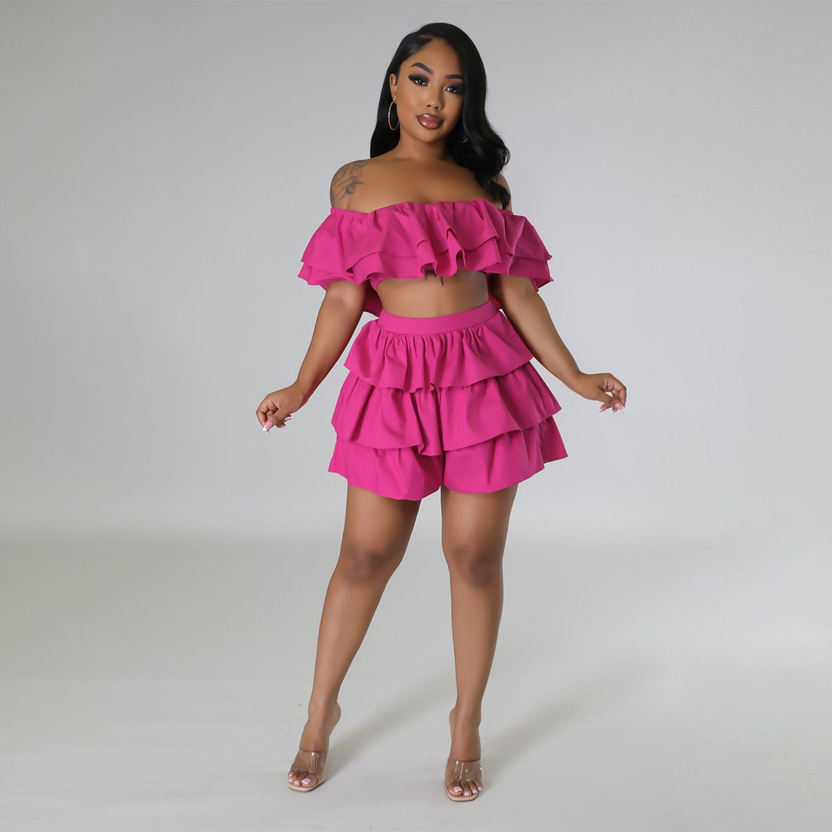 GX464 Summer Fashion Women Off Shoulder Ruffle Crop Top and Shorts Matching Street Wear Causal Women's Clothing 2 Piece Set