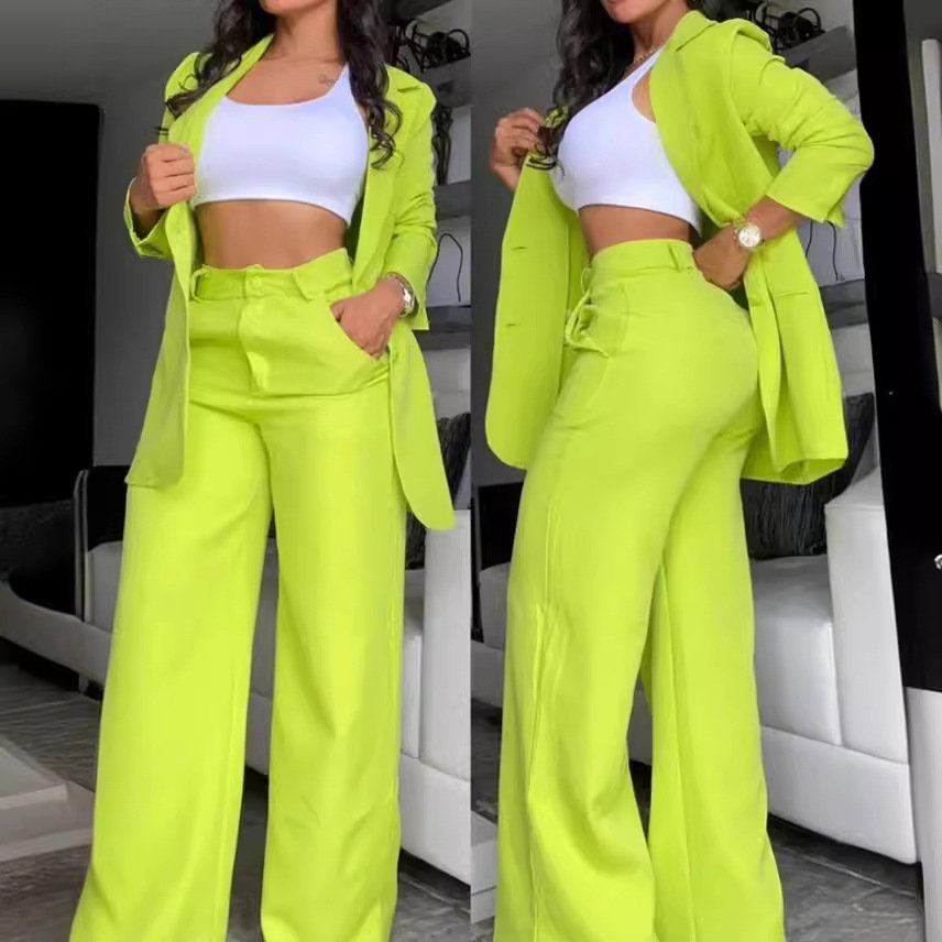 2024 Women's Clothing Elegant And Elegant Solid Color Split Sleeve Lapel Suit Pocket Straight Leg Pants Set