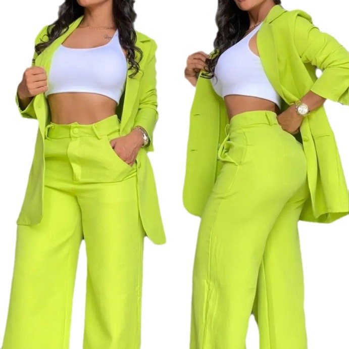 2024 Women's Clothing Elegant And Elegant Solid Color Split Sleeve Lapel Suit Pocket Straight Leg Pants Set