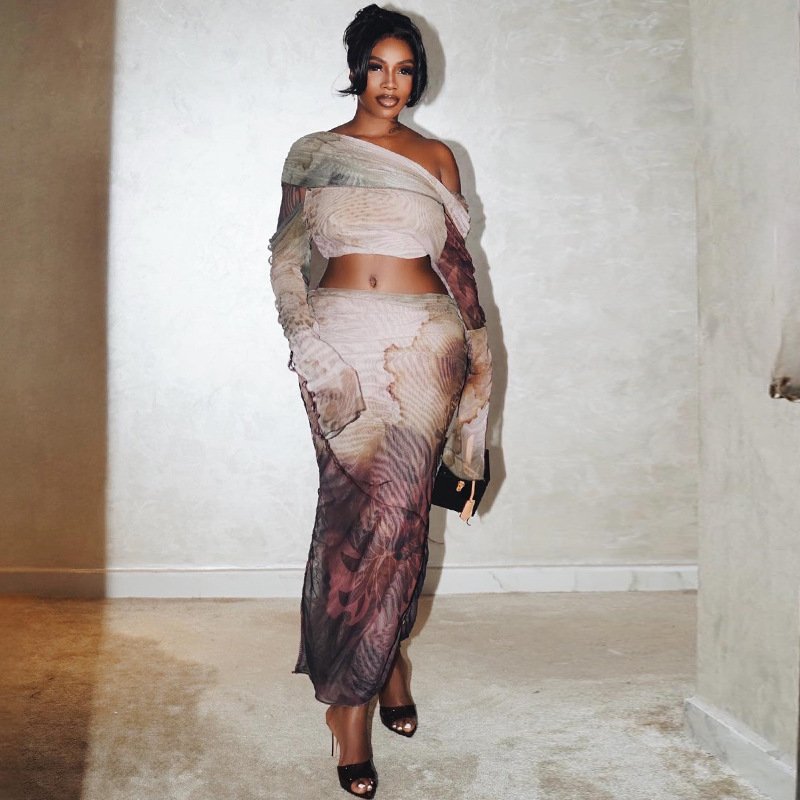 Women's Set 2024 Sexy Perspective Mesh Yarn Suit Printed Long Sleeve Short Top Slim Half Skirt 2-Piece Women's set
