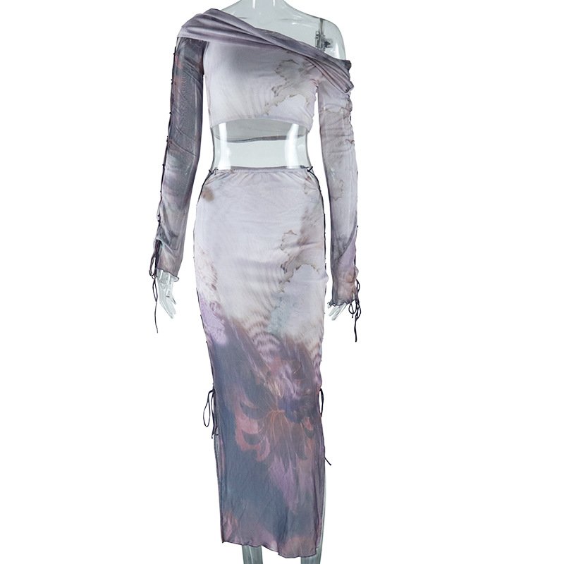 Women's Set 2024 Sexy Perspective Mesh Yarn Suit Printed Long Sleeve Short Top Slim Half Skirt 2-Piece Women's set