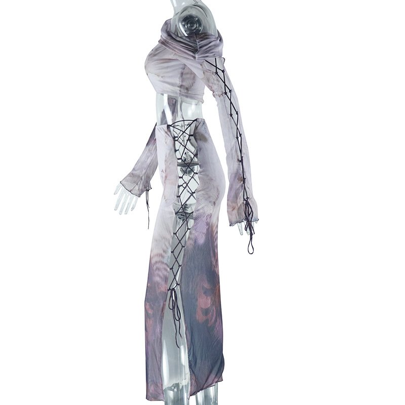 Women's Set 2024 Sexy Perspective Mesh Yarn Suit Printed Long Sleeve Short Top Slim Half Skirt 2-Piece Women's set