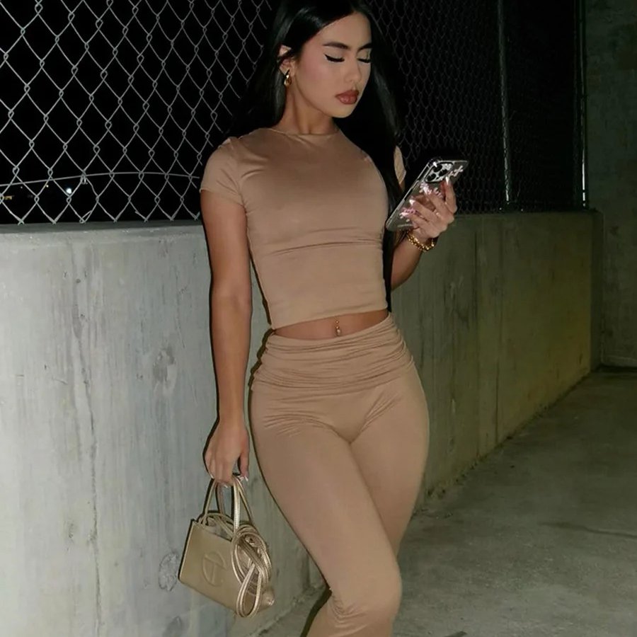 Peeqi K23ST643 new 2024 spring crew neck short sleeve crop top and pant 2 piece set solid bodycon casual fashion women's set