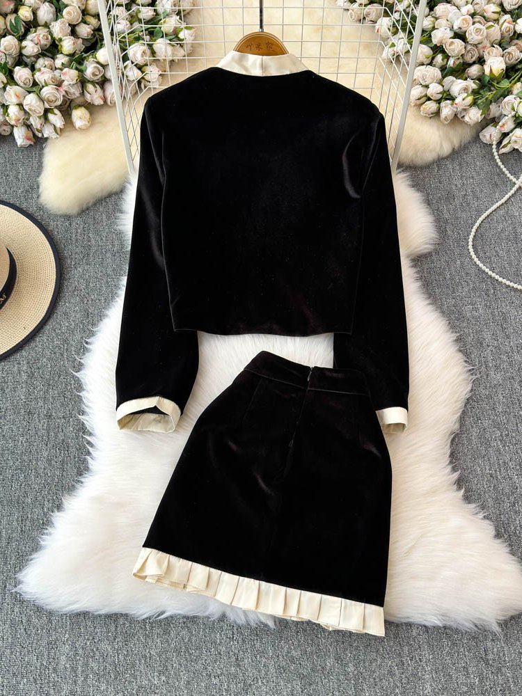 Boutique Wholesale 2024 Autumn New Fashion French Bow Velvet Top High Waist Slimming A-line Short Skirt Women's Set